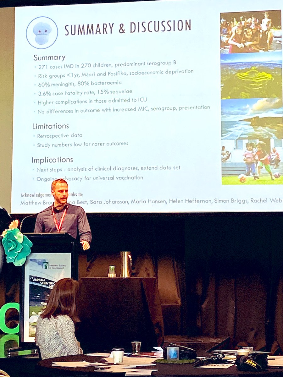Cam Burton, KidzFirst paediatric fellow, giving an excellent overview of paediatric meningococcal disease in NZ at last weeks #paedsoc2019 - a timely call for universally funded childhood meningococcal vaccine in NZ