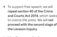 BIG ONE:Leverson to be basically reversed and binnedSection 40 is the bit from Leverson that allowed the public to seek address from the press. Redress will be back to being something only the rich can afford @HackedOffHugh #ToryManifesto  #GE2019    #Leverson