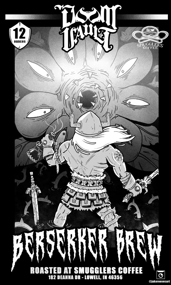 DoomVault's tweet photo. Coming #BlackFriday, #DOOMVAULTโs debut coffee bag, BERSERKER BREW from @nearmintmerch! ๐จ @jakereevesart, โ๏ธ @SmugglersCoffee #BERSERKER #Barbarian #Coffee #dungeonsanddragons https://t.co/MmdW0jRNko