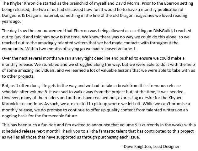 The Khyber Khronicle Volume 9 is coming to <a href="/dms_guild/">Dungeon Masters Guild</a> next month! 
#dnd #eberron #ttrpg #dnd5e <a href="/mountogdengc/">David Morris</a>