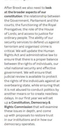 Update the Human rights act to change the balance, exactly how? The lack of detail could be covering all sorts of heinous policy.Seems like judicial review that has already been severely damaged is going to take another hit. Preventing delay = Reducing accountability?  #GE2019  