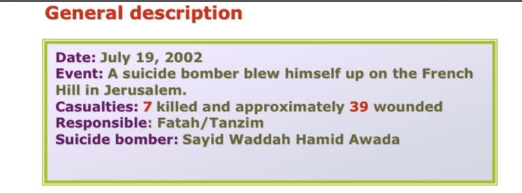 82) Organization: FatahOn July 19 2002, a 17 year old resident of Nablus blew himself up at a bus stop at the French Hill junction in Jerusalem. 7 killed, 39 wounded.