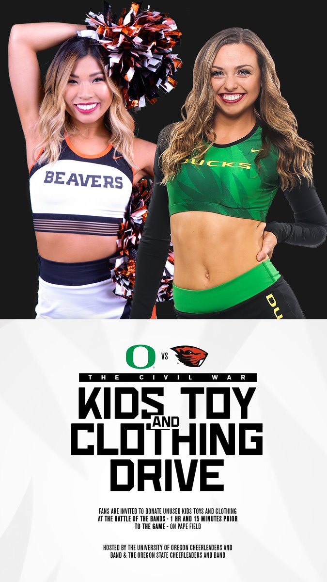 Happy Civil War week!💥This year Oregon cheer and Marching band have teamed up with Oregon State Cheerleaders and Band to host The Civil War Toy &amp; Clothing Drive! Checkout our Instagram page <a href="/OregonCheer/">Oregon Cheerleading</a> for more details!