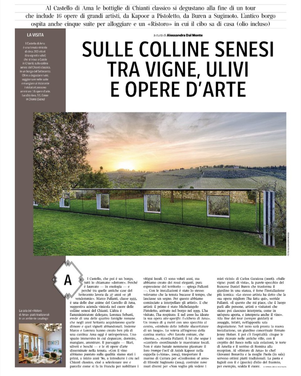 [PRESS, 2019 🇮🇹]
"Sulle colline senesi tra vigne, ulivi e opere d'arte"
Grazie a FOOD del Corriere della Sera per l'articolo uscito qualche giorno fa 🍷🎨
.
.
#castellodiama #foodcorriere