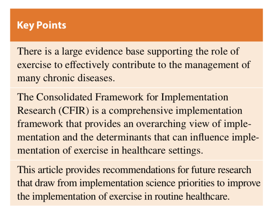 Implementing Exercise in Healthcare Settings: The Potential of Implementation Science

Huge congratulations to PhD candidate <a href="/LouiseCzosnek/">Louise Czosnek</a> for leading this paper in <a href="/SportsMedicineJ/">Sports Medicine</a> &amp; bringing worlds of implementation science &amp; clinical exercise together

link.springer.com/article/10.100…