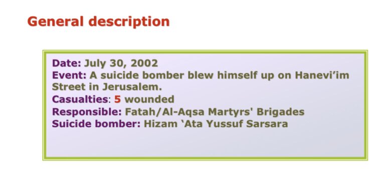 84) Organization: FatahOn July 30 2002, a 17 year old resident of Beit Jala detonated a bag full of explosives on Hanevi’im street in Jerusalem. 5 wounded.