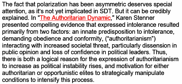 The asymmetry can be understood in terms of  @karen_stenner's "The Authoritarian Dynamic".  https://www.amazon.com/Authoritarian-Dynamic-Cambridge-Political-Psychology/dp/052153478XAuthoritarians respond more dramatically to deteriorating conditions described by SDT: 5/14