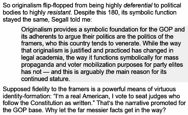 Originalism is a mythic faith symbol, as  @espinsegall has argued:  https://amzn.to/2ReS8e3 and its meaning flipped as the GOP gained judicial, but its mythic identity function--key to mobilizing authoritarian support--stayed constant: 8/14