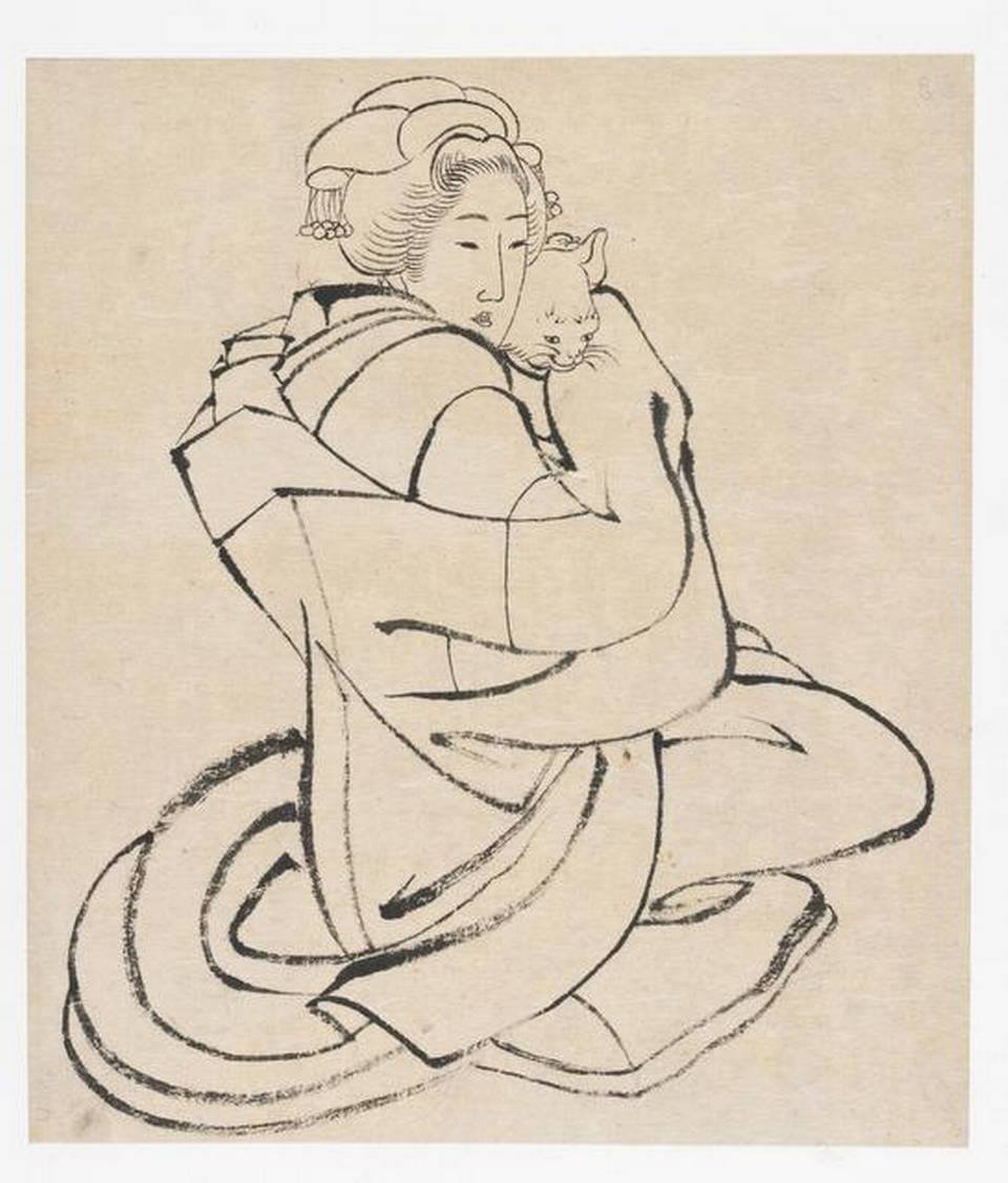Katsushika Hokusai, Lady Holding a Cat, ca. 1810s, Ink on paper