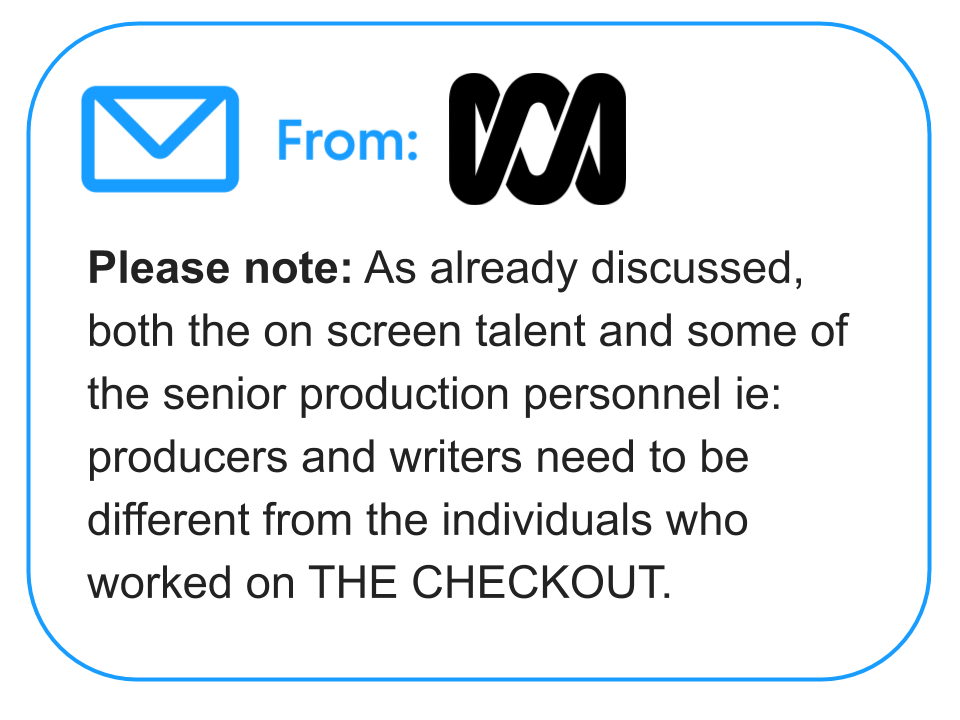 So much for “hiatus”…. Now  @ABCTV is also banning personnel from #thecheckout from a new consumer show … quite the F.U. for the talented, hard-working folks who worked on the Tube. Working on the only consumer show on TV for 6 series disqualifies you from consumer show ???