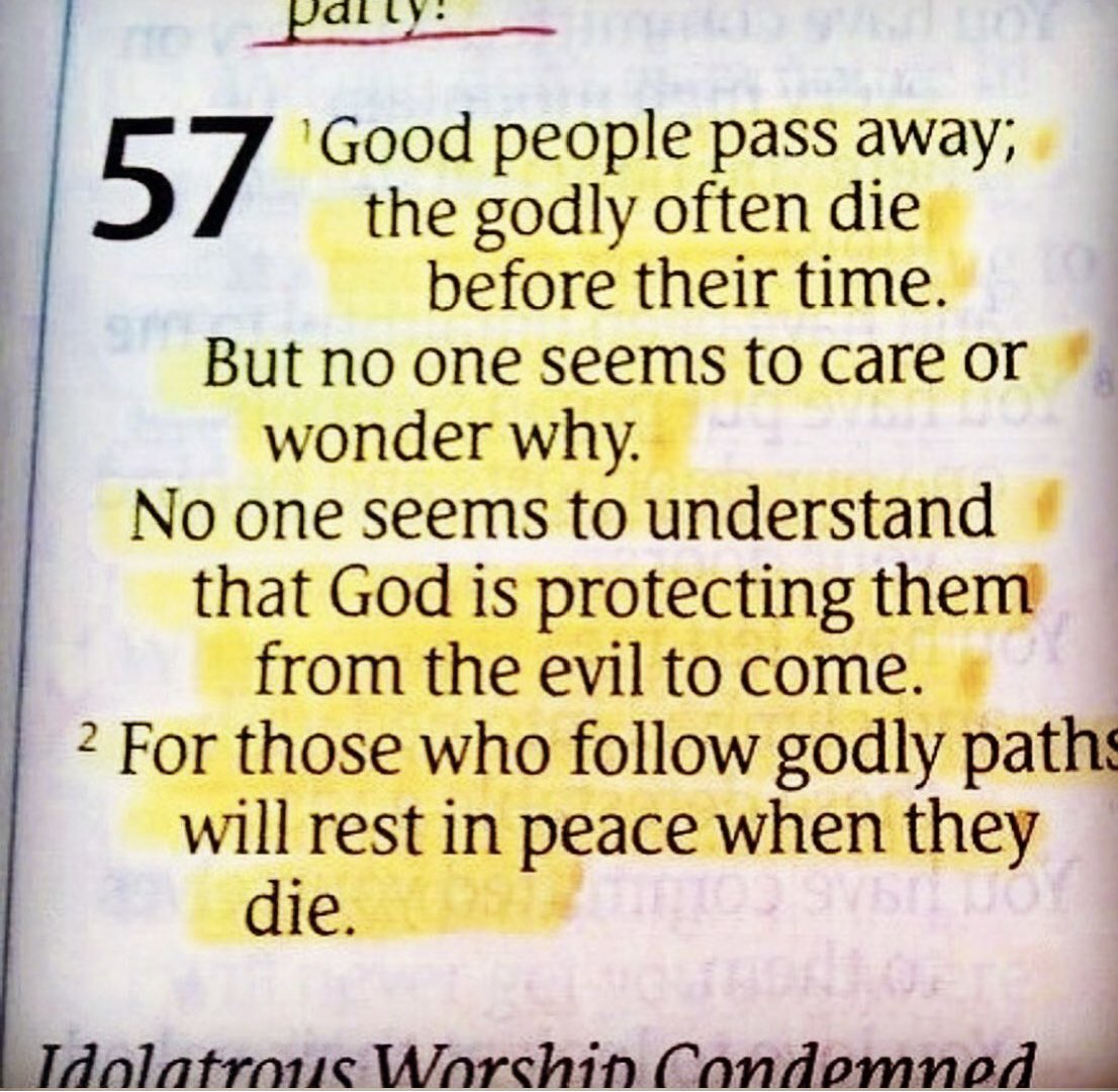 marshahorn66's tweet image. The righteous perishes,
And no man takes it to heart;
Merciful men are taken away,
While no one considers
That the righteous is taken away from evil. Isaiah 57:1-2