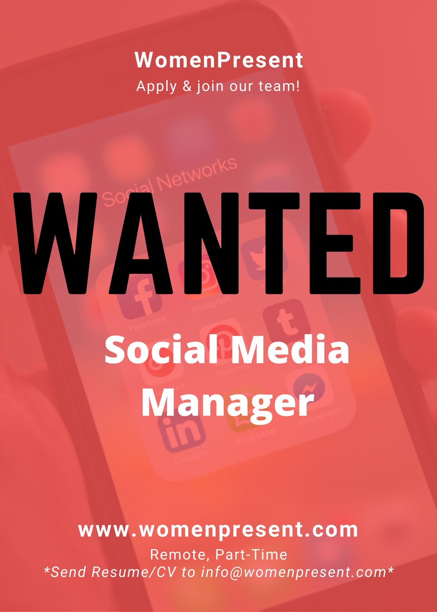 WomenPresent's tweet photo. Social Media Manager Wanted! We are looking to expand our presence online to further spread the word about WomenPresent and get even more women on stage.

Please email us your resume/CV to info@womenpresent.com with subject line "Social Media Manager Role". #womenpresent https://t.co/5cVb1BVDj4