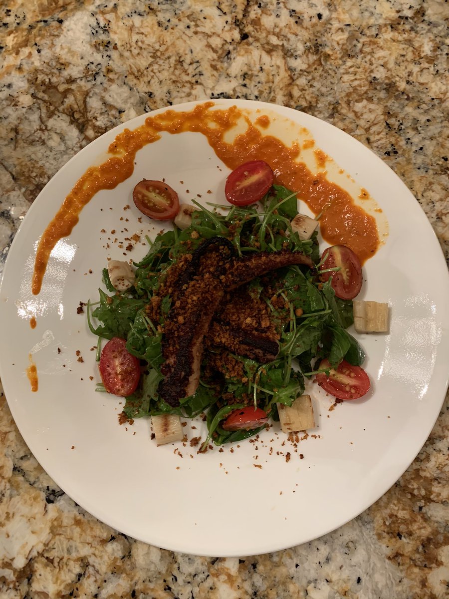 JaredCooksFood's tweet photo. #Octopus Braised in #vegetablebroth and #whitewine &amp; finished on the #castironpan and then  #plated with #blowtorched #tomatoes #Toastedpaprikabreadcrumbs #roastedheartsofpalm #Romescosauce over #arugula and #watercress with a #lemonvinegarette https://t.co/P0kthXZWQ8