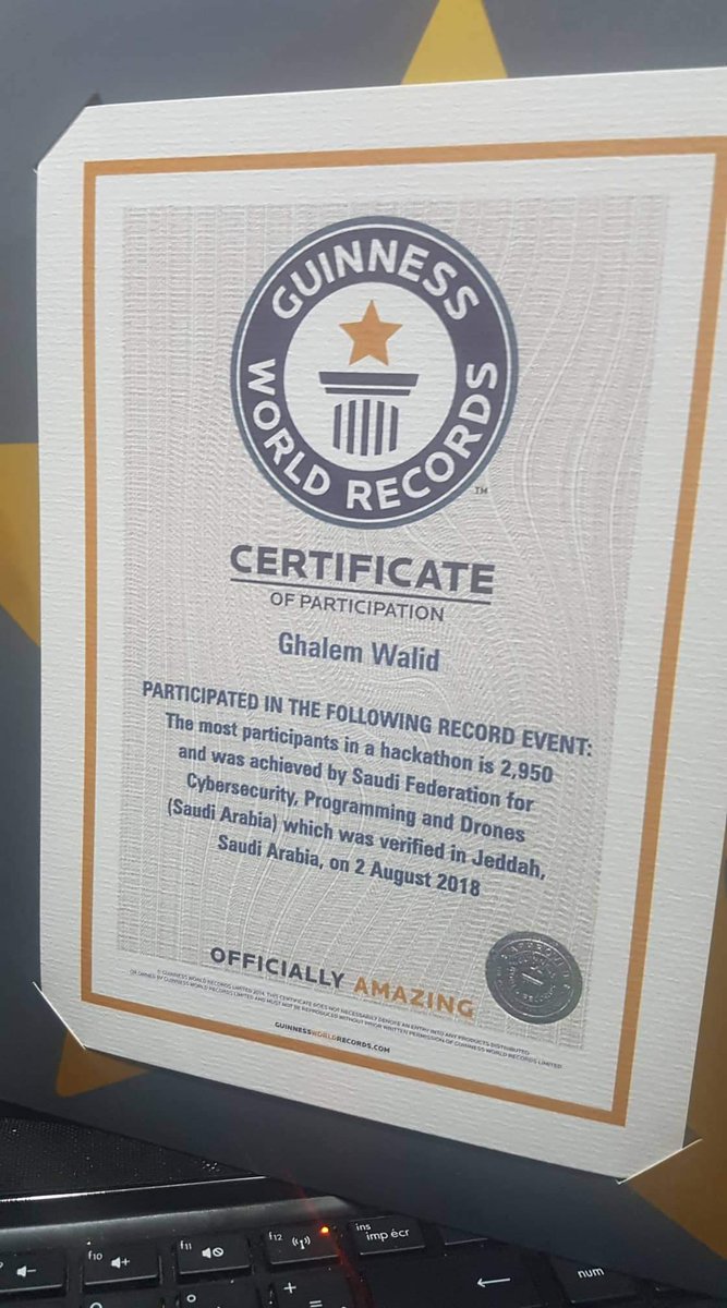 GhalemWalid's tweet photo. I received my certificate of participation in the biggest #hackathon in the world #hajjhackathon, between 2950 participants from over 100 countries.
This event was achieved by Saudi Federation for Cybersecurity, Programming and Drones.
Officially Amazing
#GuinnessWorldRecord https://t.co/NGc7qq1tiA