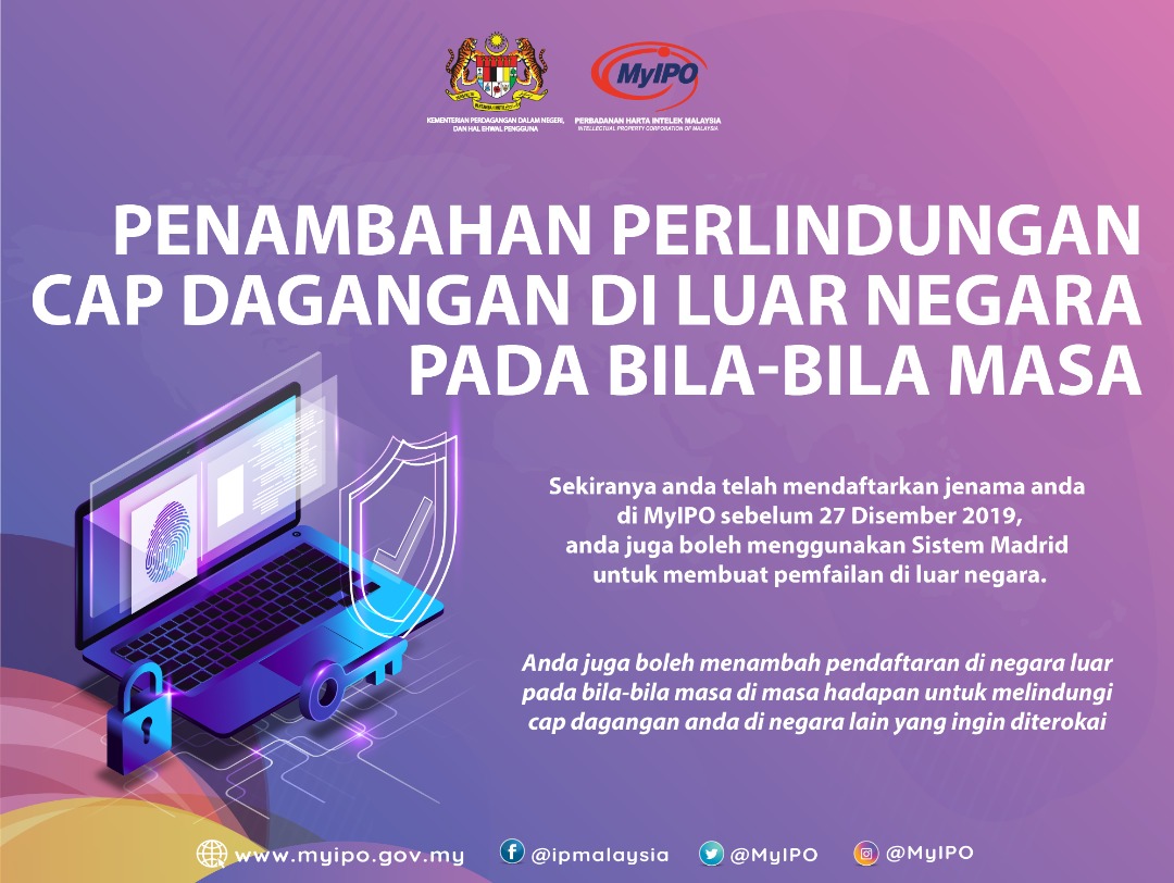 myipo's tweet image. Pemilik IP sedia ada tak perlu risau. Anda masih boleh daftar jenama anda menerusi #sistemmadrid

Lindungi jenama anda di 122 negara dengan hanya 1 permohonan!!

#madridprotocol #wipo #brand