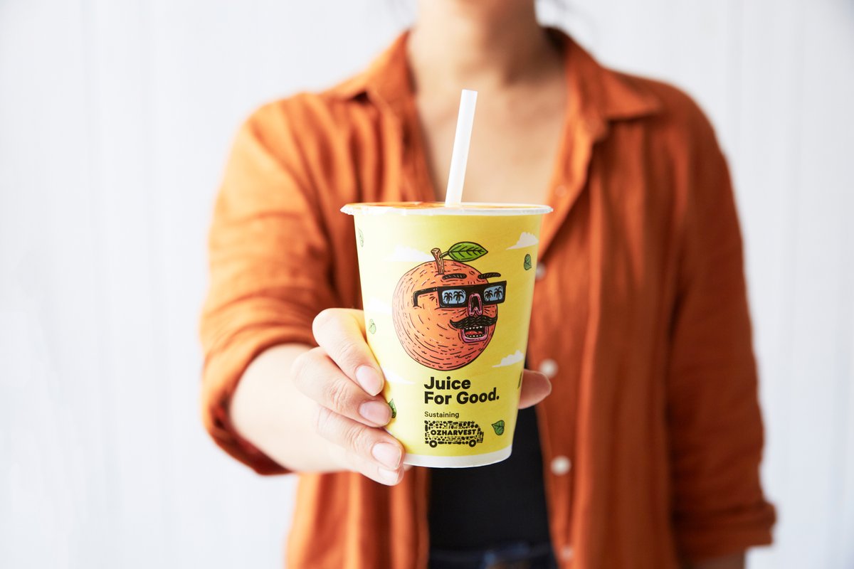 JuiceForGoodAU's tweet photo. Juice For Good has saved 1 million oranges from going to waste! To celebrate we collaborated with local artist who designed our awesome limited-edition cups, available from December! Can you guess who? #signaturestyle #JuiceForGood #OzHarvest #OJ #limitededition #socialimpact https://t.co/1GV4eR1vgd