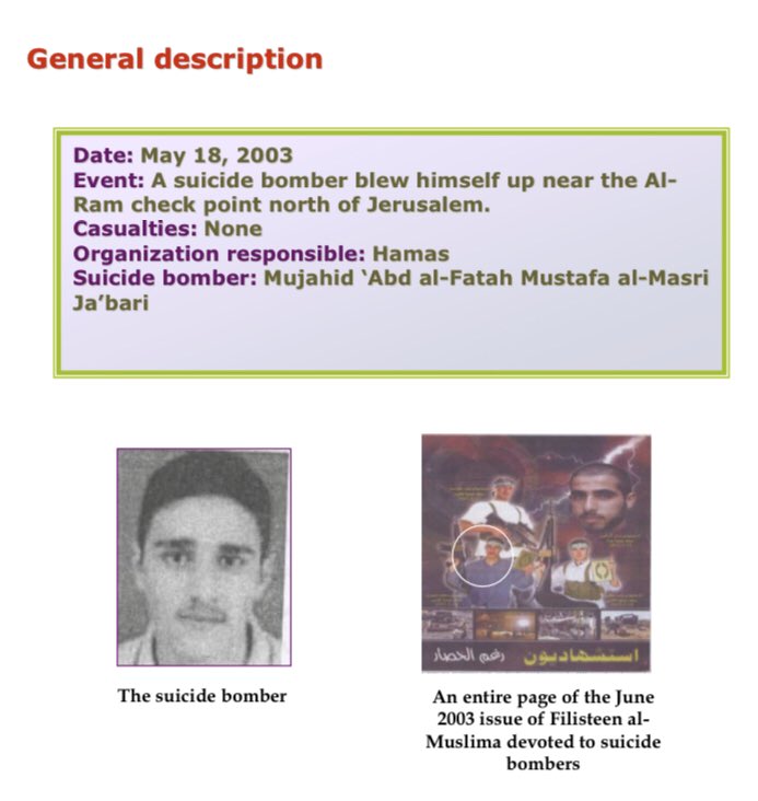 110) Organization: HamasOn May 18 2003, a 19 year old resident of Hebron blew himself up at the Al-Ram checkpoint in Jerusalem. He aroused the soldiers’ suspicions and detonated his device before he reached them out of panic.