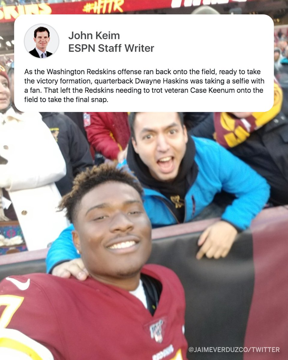 Espn On Twitter Dwayne Haskins Won His First Nfl Game On Sunday He Missed The Final Kneel Down Because He Was Taking A Selfie With A Fan Jaimeverduzco Https T Co E4zrkqyysz