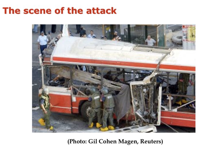 113) Organization: HamasOn June 11 2003, an 18 year old high school student and resident of Hebron disguised himself as an Orthodox Jew and blew himself up on the number 14 bus in Jerusalem. 17 killed, 104 wounded.