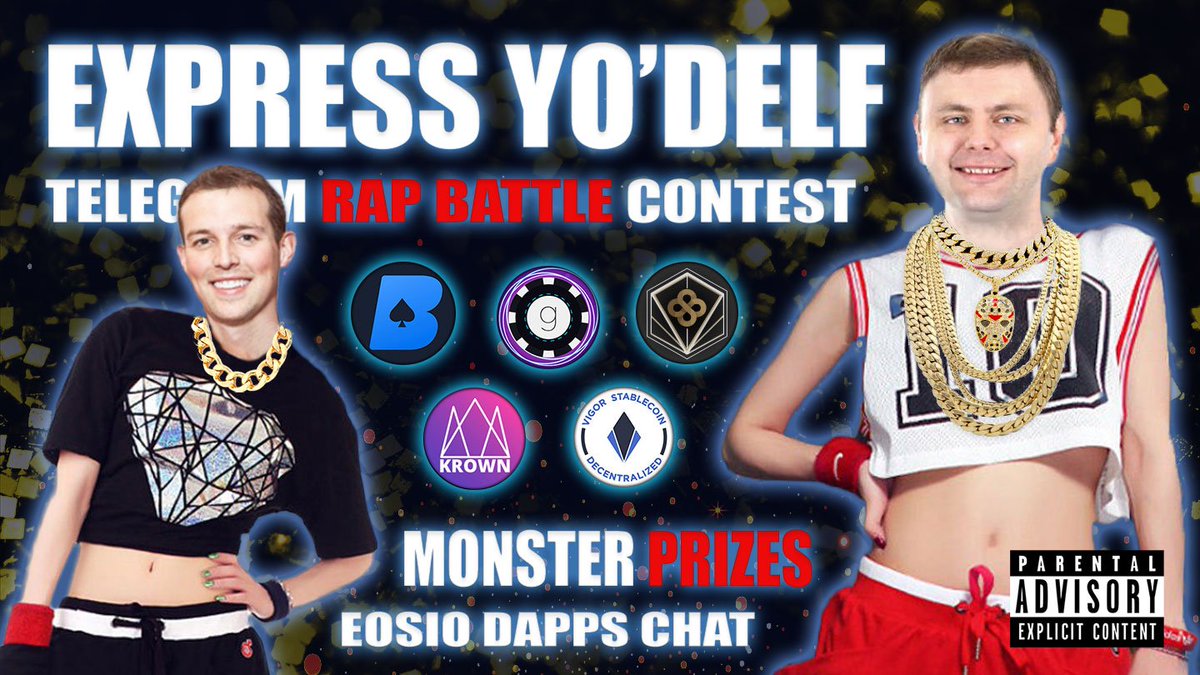 DappsEos's tweet photo. The RAP BATTLE prize pool keeps growing with @sovmintofeos joining @EarnBetCasino @gamblr_one @krowndac @vigorstablecoin as sponsors! Check out the first rap submissions: https://t.co/IsTIqrXnAC https://t.co/50gSIfv7Zi