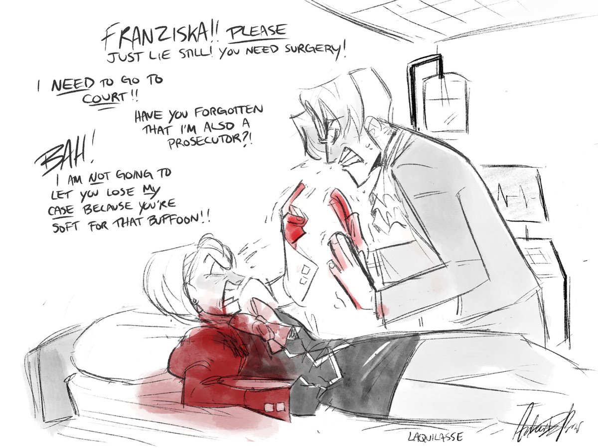 Never ever forget that Franziska von Karma had to be literally dragged to the hospital by her brother after being shot in the shoulder because she fully intended on attending court anyways #AceAttorney 