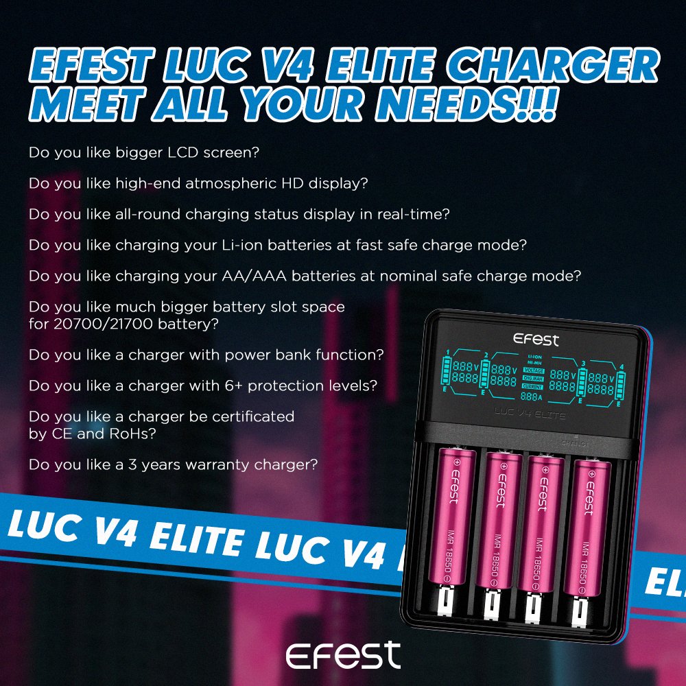 EfestCompany's tweet photo. A new 4 slots charger will release out inDecember: LUC V4 ELITE, which is the upgraded version of LUC V4!

Efest LUC V4 ELITE CHARGER MEET ALL YOU NEEDS

#vape #vapetricks #vapelikeaboss #efest #charger #follow #likeforlikes #ecigs #vapeon💨 #vapingsaveslives #vapeisfuture https://t.co/Riu4pHZmPF