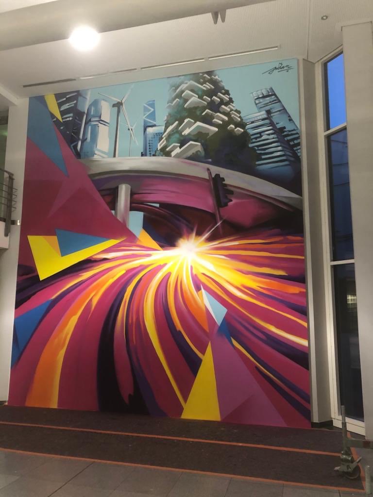Part IV: The painting is finished and now beautifies the entrance hall in Leinfelden. What do you think about it? #pimpleinfelden #bepassionate #werkstolz <a href="/tsystemsde/">T-Systems DE</a>
