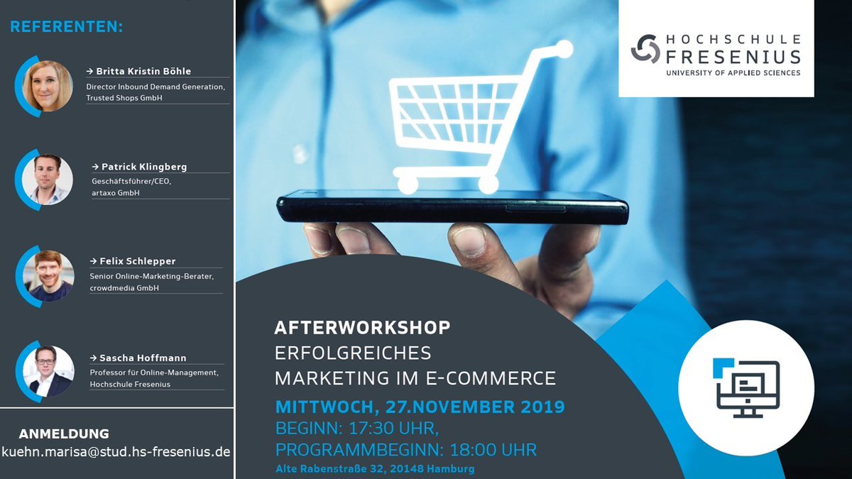 artaxogmbh's tweet photo. AfterWorkshop: Erfolgreiches #Marketing im E-Commerce
WANN? Mittwoch, 27.11. ab 17.30 Uhr; WO? Alte Rabenstraße 32, 20148 Hamburg; ANMELDUNG? kuehn.marisa@stud.hs-fresenius.de – Kommt vorbei! 💡 🛒 #ecommerce #afterworkshop #hsfresenius #hamburg https://t.co/VJkviiJ4SF