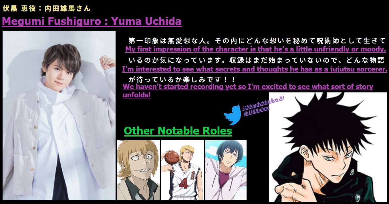 Jujutsu Kaisen Anime W Official Series Translator On Twitter Next Up Is Megumi Fushiguro Voice Actor Yuma Uchida S Comments So Apparently Yuji Voice Actor Junya Enoki Is The Only One Familiar With The
