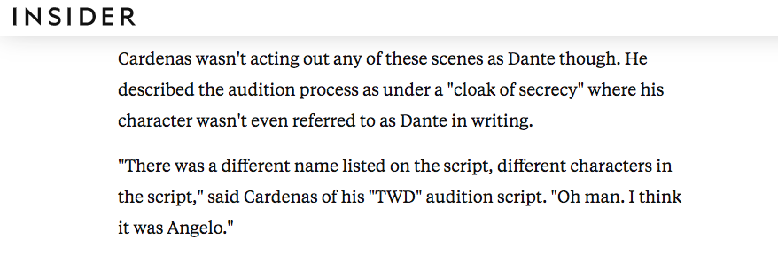 When Cardenas auditioned for  #TheWalkingDead   he said the script referred to Dante’s character using a fake name: Angelo.