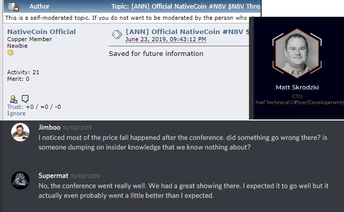 mirage_is's tweet photo. #Shitcoin #N8V team have DELETED ALL INFO from bitcointalk. Also see how ex member Matt Skrodzki (Supermat) was LYING to community in discord saying everything was great in conference when in fact HE KNEW Ebona had left the team. Disgusting #Nativecoin https://t.co/bjCkQKQstW