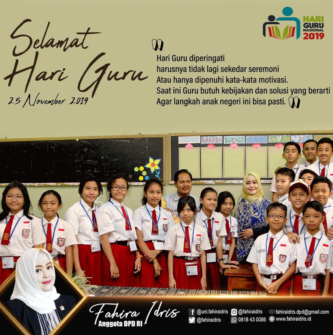 fahiraidris's tweet photo. Hari Guru diperingati 
harusnya tidak lagi sekedar seremoni
Atau hanya dipenuhi kata-kata motivasi.
Saat ini Guru butuh kebijakan dan solusi yang berarti
Agar langkah anak negeri ini bisa pasti.

SELAMAT HARI GURU
25 NOVEMBER 2019
#HariGuruNasional2019 
#HariGuruNasional https://t.co/fYnFGjoLYV