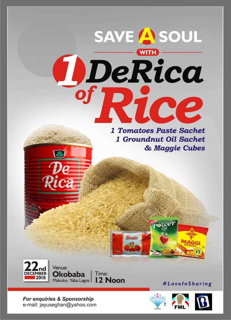 useghanjames's tweet photo. Please join us and let's feed some people that cannot afford 1 Derica of Rice. Thank youππ½
#LoveInSharing
#ChristmasRice
#JamesUseghan
#TeamFML
#IjawBreederEntertainers
#RadiantFamily
#1DericaOfRice https://t.co/ad9eaHz1ZP