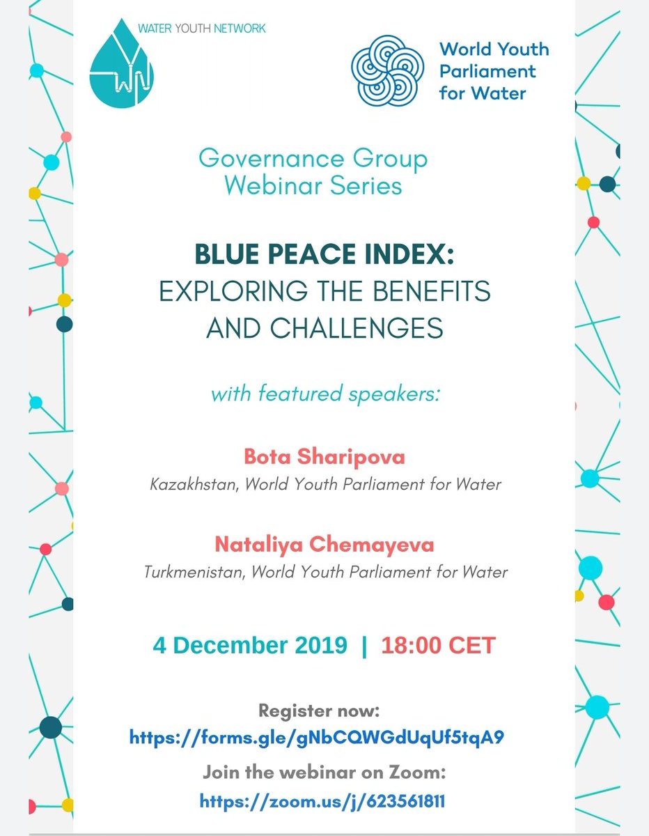 WYPW_PMJE's tweet photo. 🚨🚨Upcoming Water Youth Network Webinar on the #BluePeaceIndex and #WaterGovernance featuring #wypw speakers Bota Sharipova and Nataliya Chemayeva.
Register now: https://t.co/oYvZi7TqHt
Date: 4 Dec 2019 - 18h CET (Amsterdam time).
Webinar link: https://t.co/zIi9OGcosd https://t.co/zmtr4u1jGP