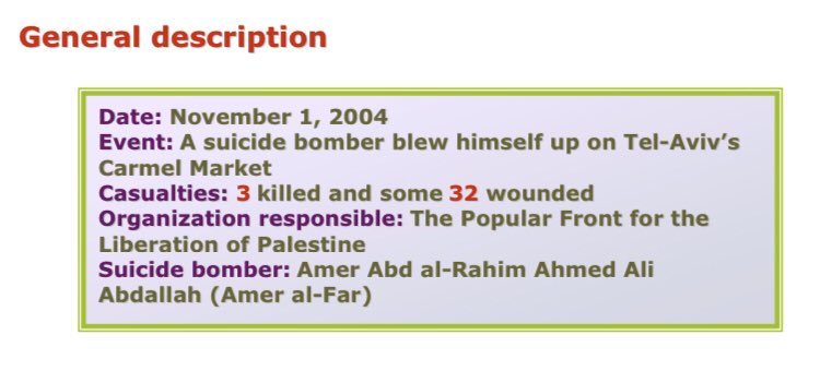 138) Organization: PFLPOn November 1 2004, a 16 year old resident of Askar (near Nablus) went to the center of the Carmel Market in Tel-Aviv and blew himself up.3 killed, 32 wounded.