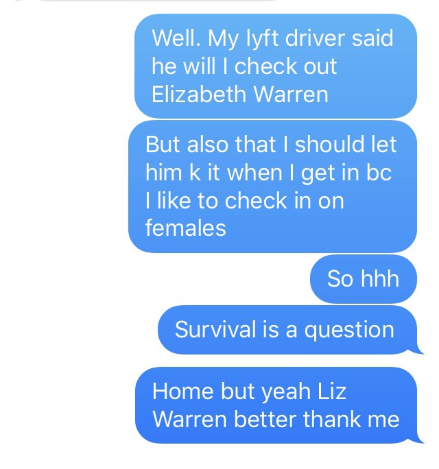 auntaminal's tweet photo. #TFW you’re drunk and your Lyft driver says he doesn’t vote bc no candidates talk about the one issue he cares about, drug prices 🤔 Here’s to getting the vote out and not getting murdered! #CanvassEverywhere #Warren2020 #GAforWarren #SSDGM https://t.co/lAr3PrMXVa