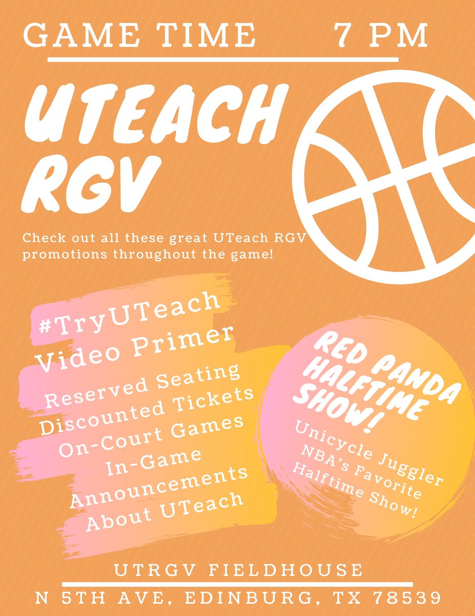 UTRGVUTeach's tweet image. College hoops &amp;amp; #UTeachRGV! Join us as we take over the @UTRGV Fieldhouse for the men's basketball vs. Sam Houston State on Tue, Dec. 3. Pregame party, reserved seats, discounted tickets, &amp;amp; tons of UTeach promotions! Click here for more info or to RSVP: bit.ly/fall19adoptaga…