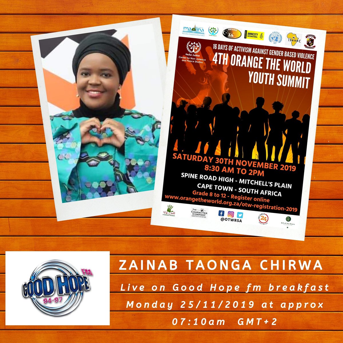 otwrsa's tweet photo. Catch Zainab on @GoodHopeFM approx 7:10am GMT+2 #GHFMBreakfast #orangetheworld #16Days #GenerationEquality https://t.co/evasaYcxNu