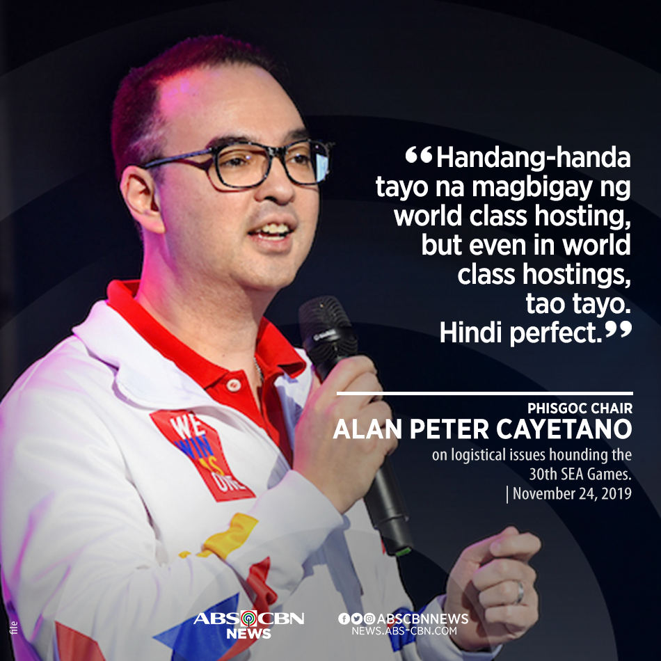 ABSCBNNews's tweet photo. TAO LANG. Humingi ng paumanhin si PHISGOC chair Alan Peter Cayetano kasunod ng mga reklamo ng foreign athletes pagdating nila sa Pilipinas para sa #SEAGames2019. https://t.co/a0DmflSUIk https://t.co/9iD4JltmFb