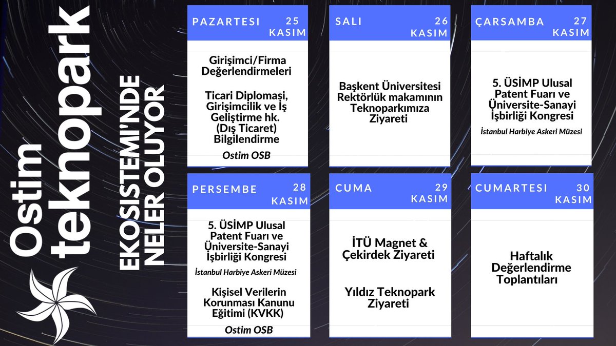 ostimteknopark's tweet photo. Ostim Teknopark Ekosistemi'nde Neler Oluyor
25 Kasım - 30 Kasım https://t.co/t3cXt5igub