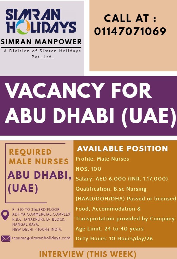 ManpowerSimran's tweet photo. #Job Opening  for #MaleNurses
Location: #AbuDhabi  #UAE
For more details call us at: 01147071069 https://t.co/2wFzCKeGf6