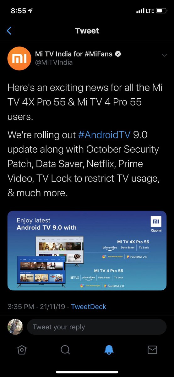 chummygaa's tweet photo. @MiIndiaSupport @MiTVIndia @XiaomiIndia @laurelsudeep its already rolled out or being rolled out?? Because my MITV 4 55 Pro not getting any android update.. kindly update on this .... https://t.co/CI8ixidlqf