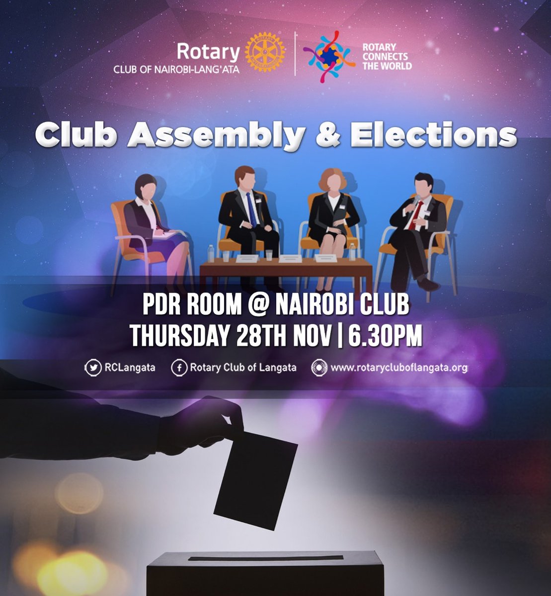 This coming Thursday we will be having our Club Assembly &amp; Elections for the Rotary Year 2020/2021. Come and vote in the next generation of Rotary Club of Langata's future Leaders. #elevateyourgame #rotaryconnectstheworld