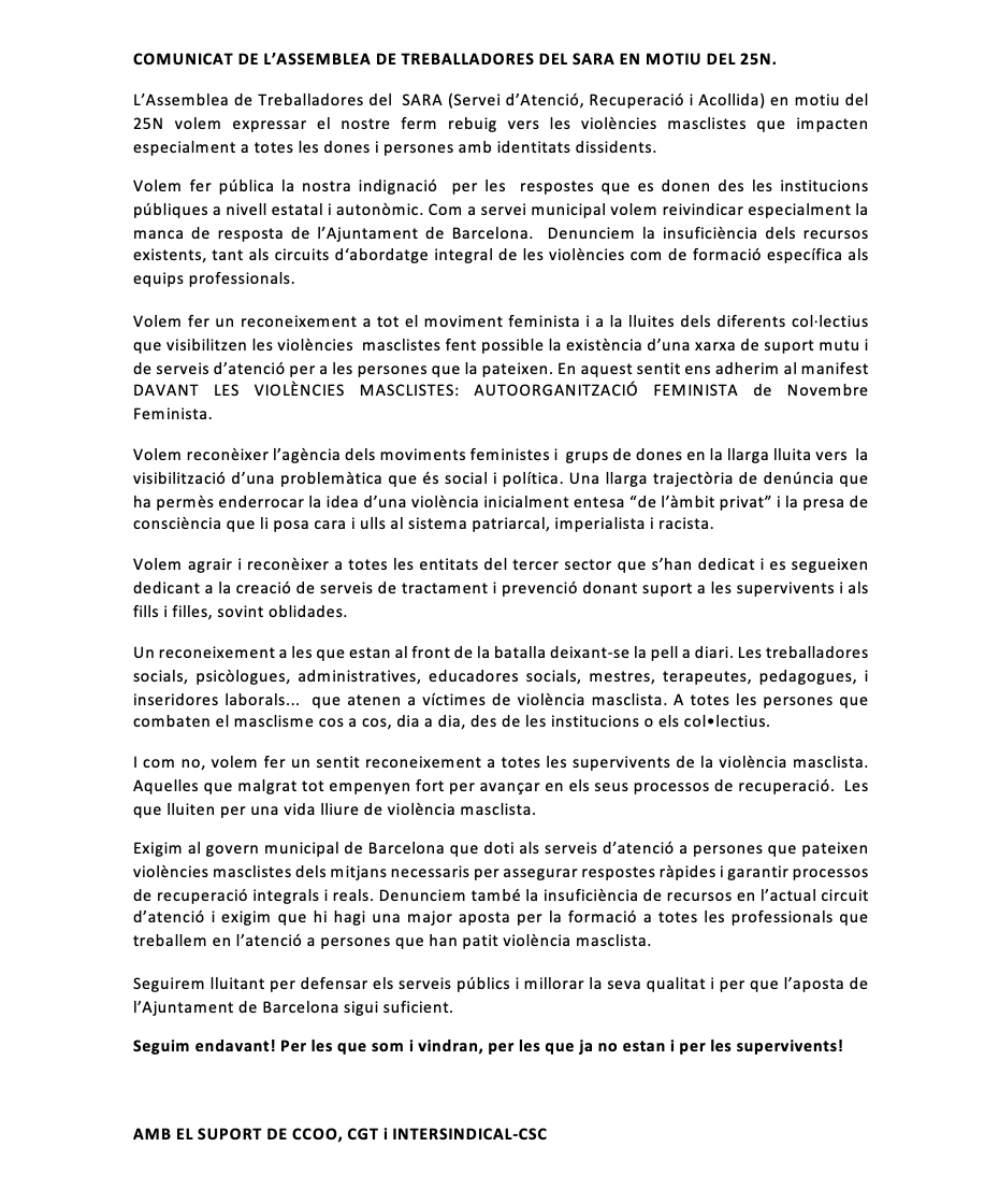 AssembleaSara's tweet photo. L’Assemblea de Treballadores del  SARA (Servei d’Atenció, Recuperació i Acollida) en motiu del 25N volem expressar el nostre ferm rebuig vers les violències masclistes que impacten especialment a totes les dones i persones amb identitats dissidents. 
#25Noviembre https://t.co/Z108GXbDhD