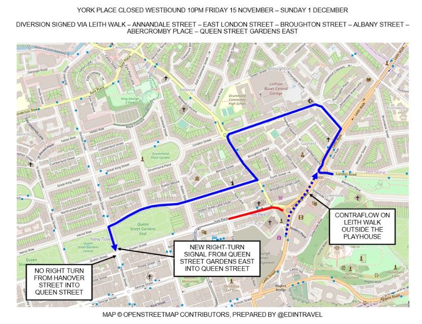 Edinburgh_CC's tweet photo. We're working to reduce congestion on Leith St during the closure of York Pl for essential work on Picardy Pl. To minimise queuing traffic is now restricted westbound onto Princes St to buses, taxis + bicycles until York Pl reopens. Diversion below: https://t.co/FC56PZRsX2 https://t.co/v0Gky3SRjo
