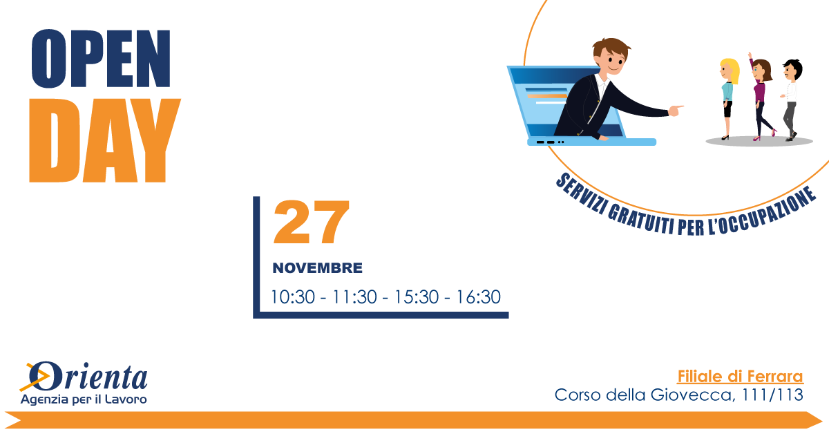 Orienta SpA (@orientaspa) on Twitter photo #Orienta ti invita all'#OPENDAY "Servizi gratuiti per l'occupazione".
🗓 27 Novembre
🗺 Filiale di #Ferrara, Corso della Giovecca, 111/113
⏰10:00 ⏰11:30 ⏰15:30 ⏰16:30 #Orienta ti invita all'#OPENDAY "Servizi gratuiti per l'occupazione".
🗓 27 Novembre
🗺 Filiale di #Ferrara, Corso della Giovecca, 111/113
⏰10:00 ⏰11:30 ⏰15:30 ⏰16:30