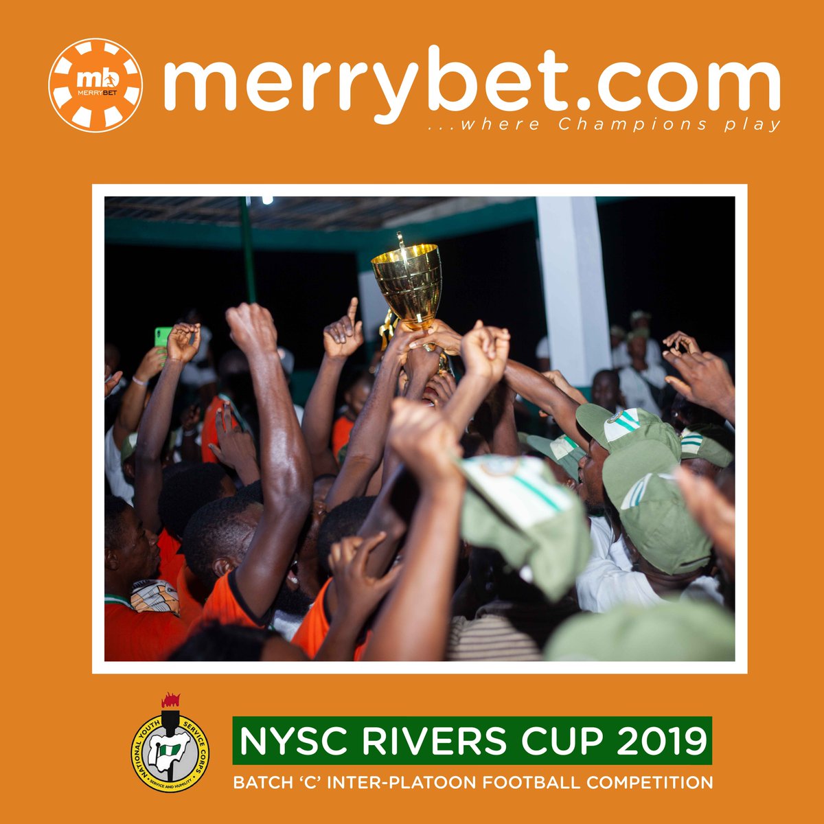 merrybetsports's tweet photo. Our aim is to help more youths become champions and we are not relenting in our effort as the Merrybet NYSC train moves to Rivers State Orientation Camp adding more to the numbers of NYSC camps we already have a presence.

#MerrybetNYSCRiversCup2019 #RiversCorpers #Merrybet https://t.co/PKrIU8Z0yO