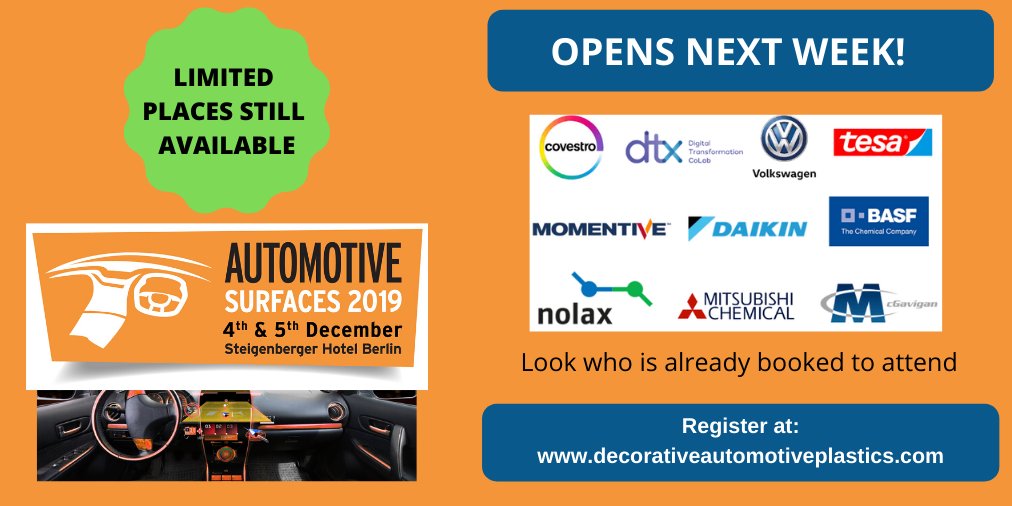 Automotive Surfaces Conference is next week 4-5 December in Berlin. Packed 2-day programme with all the latest in smart coatings, haptics, digital printing and more. Join industry leaders already booked to attend. Book your place today at: bit.ly/AS-Register #autosurfaces