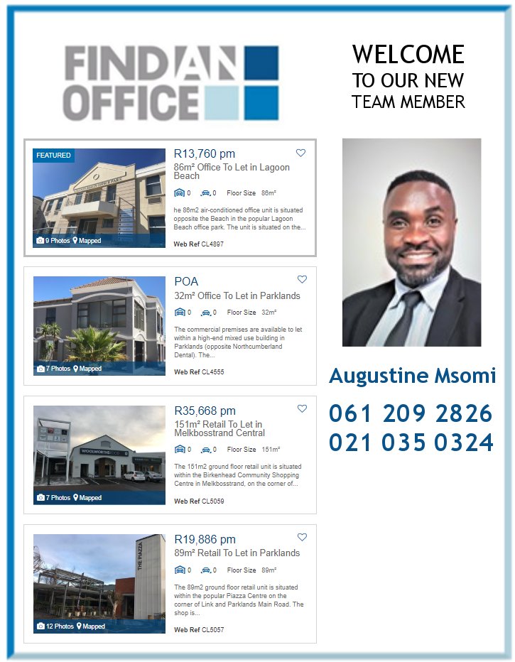 findanofficesa's tweet photo. We would like to extend a very #warmwelcome to the newest member of our team, Augustine! Visit our website to see what listings he currently has available in #Milnerton and surrounds, extending to #Atlantis, #PaardenEiland, #Maitland and #Ndabeni: https://t.co/g1Q6Sw4KKS https://t.co/9W8xrjNc2B