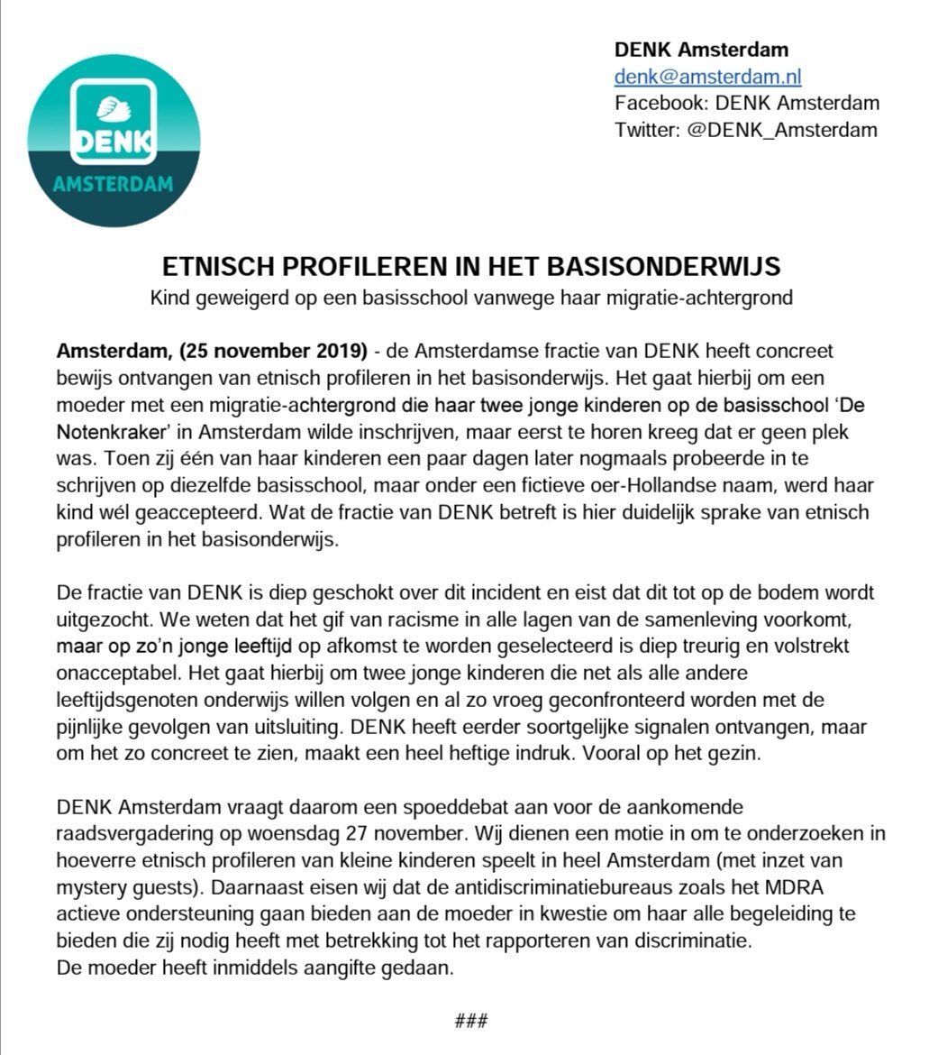 ***PERSBERICHT

➡️ ETNISCH PROFILEREN IN HET BASISONDERWIJS

👇🏽 Zie voor meer info onderstaand. 

<a href="/parool/">Het Parool</a> <a href="/nrc/">NRC</a> <a href="/RTLnieuws/">RTL Nieuws</a> <a href="/trouw/">Trouw</a> <a href="/anp/">ANP</a> <a href="/volkskrant/">de Volkskrant</a> <a href="/MarjoleinMoor/">Marjolein Moorman</a> <a href="/StichtingSMN/">SMN</a> <a href="/MinOCW/">Ministerie van Onderwijs, Cultuur en Wetenschap</a> <a href="/DenkNL/">DENK</a>